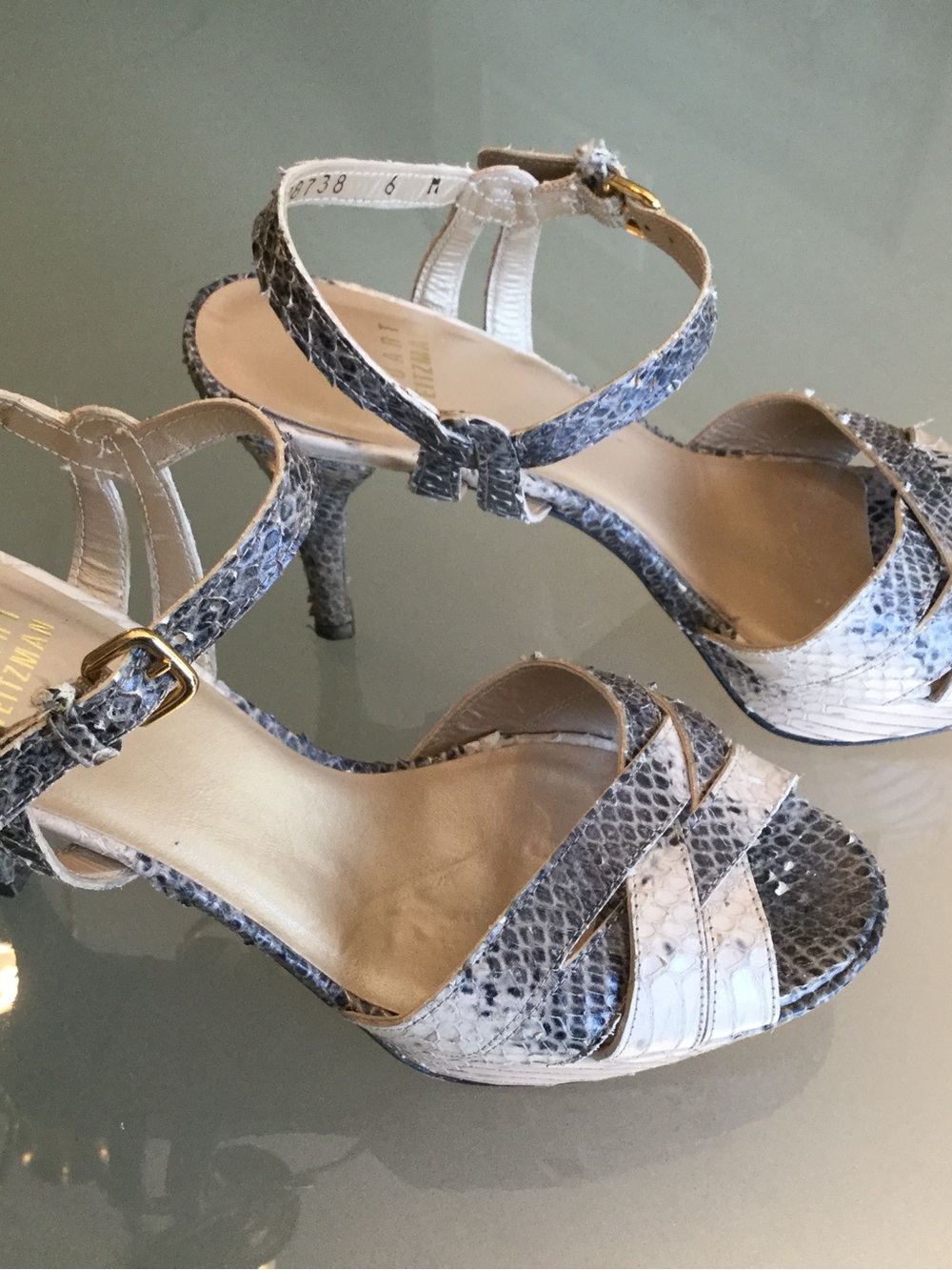 Stuart Weitzman Gray and Beige Snakeskin Crisscross Slingback Heels